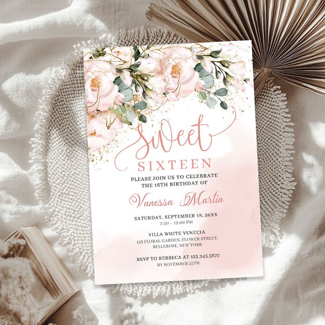 Boho blush pink floral gold leaves sweet sixteen  invitation (Boho blush pink floral gold leaves sweet sixteen invitation)