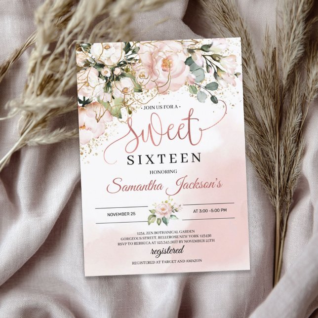 Boho blush pink floral gold leaves sweet sixteen   invitation (Boho blush pink floral gold leaves sweet sixteen invitation)