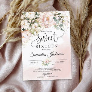Boho blush pink floral gold leaves sweet sixteen  invitation