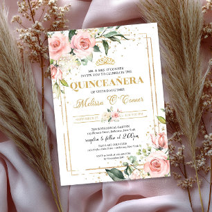 Boho Blush pink floral gold tiara quinceanera Invitation