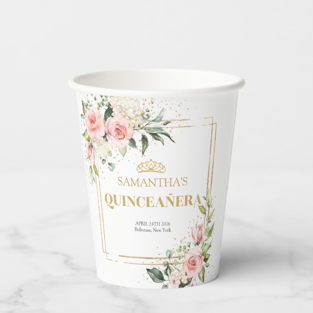 Boho Blush pink floral gold tiara Quinceanera Paper Cups (Back)
