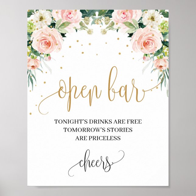 Boho blush pink floral gold wedding open bar sign (Front)