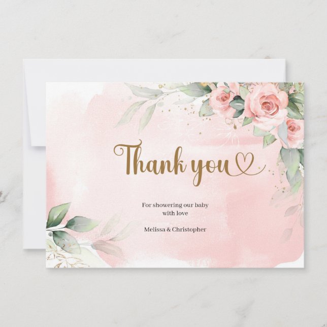 Boho blush pink floral green eucalyptus gold oval thank you card (Front)