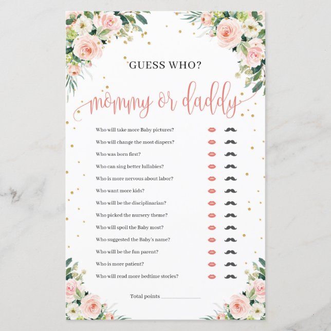 Boho blush pink floral green mummy or daddy game (Front)