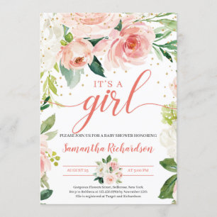 Boho Blush Pink Floral Greenery It's A Girl Baby Invitation