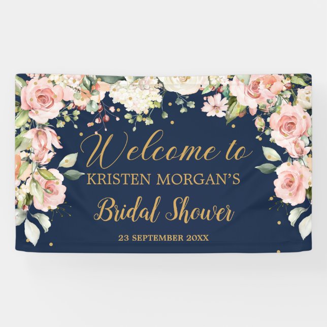 Boho blush pink floral greenery navy bridal shower banner (Horizontal)
