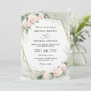 Boho Blush Pink Floral Greenery QR Code Wedding Invitation