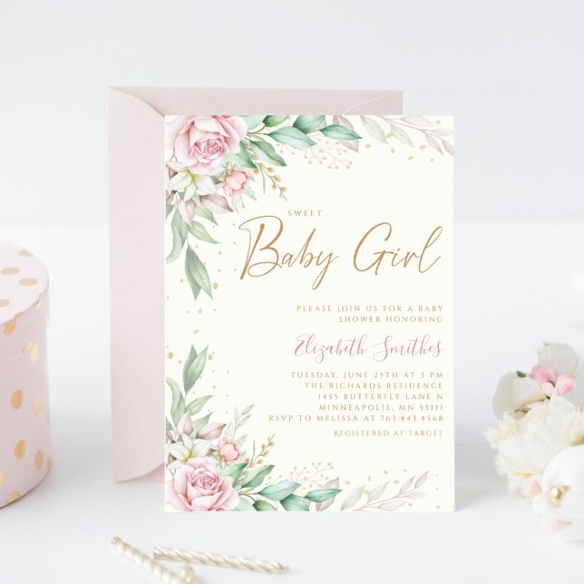 Boho Blush Pink Floral Greeney Girl Baby Shower   Invitation (Creator Uploaded)