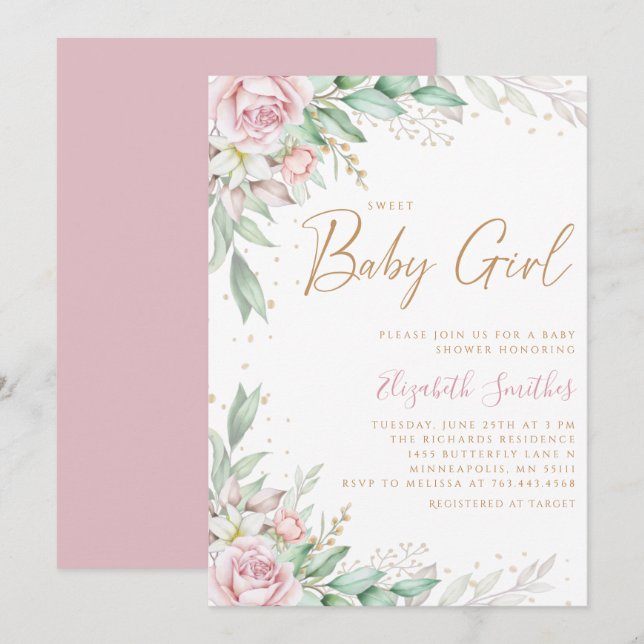 Boho Blush Pink Floral Greeney Girl Baby Shower  Invitation (Front/Back)