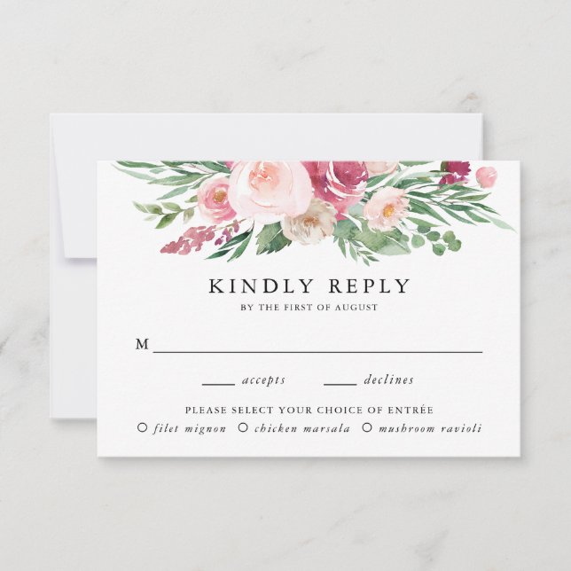 Boho Blush & Pink Floral Meal Choice Wedding RSVP Card (Front)