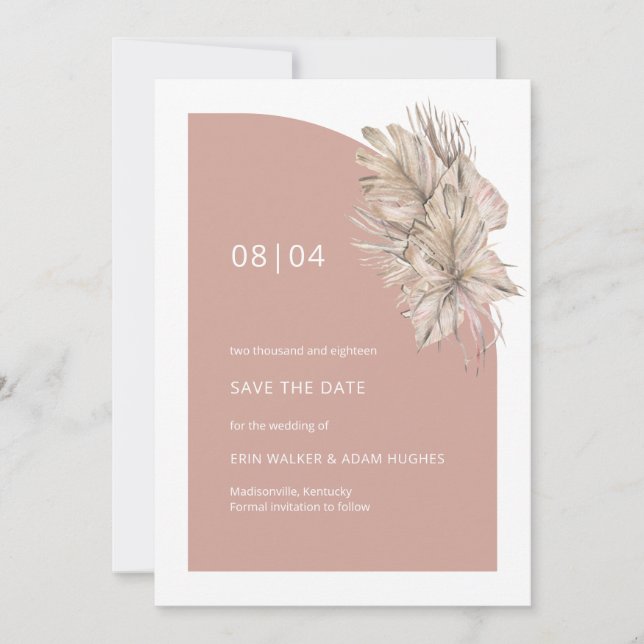 Boho Blush Pink Floral Monogram Half Arch Wedding Save The Date (Front)