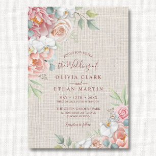 Boho Blush Pink Floral On Rustic Burlap Wedding Invitation