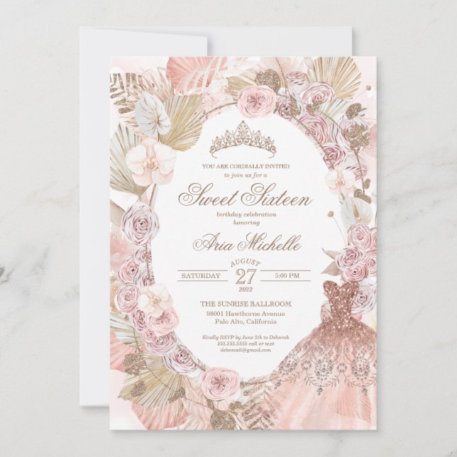 Boho Blush Pink Floral Sweet Sixteen 16th Birthday Invitation (Front)