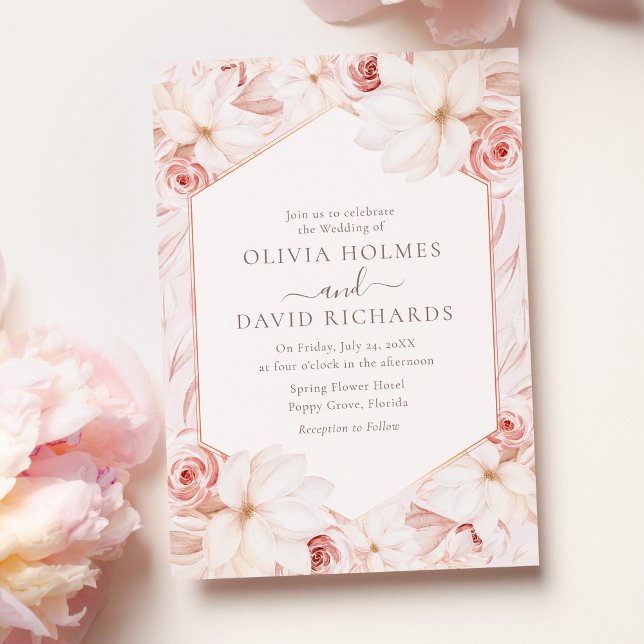 Boho Blush Pink Floral Wedding Invitation (Boho Blush Pink Floral Wedding Invitation on a table with pink roses.)