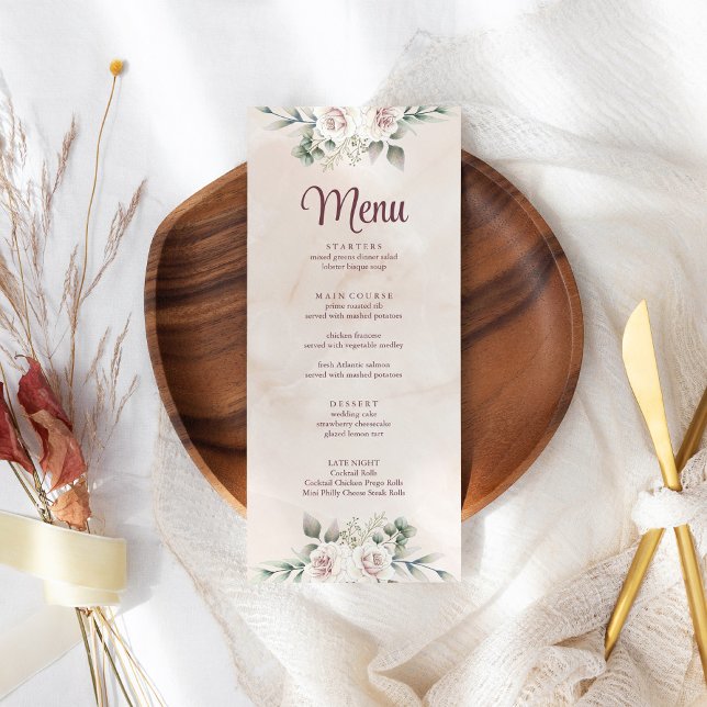 Boho Blush Pink Floral Wedding Menu Card (Boho Blush Pink Floral Wedding Menu Card on boho wedding table.)