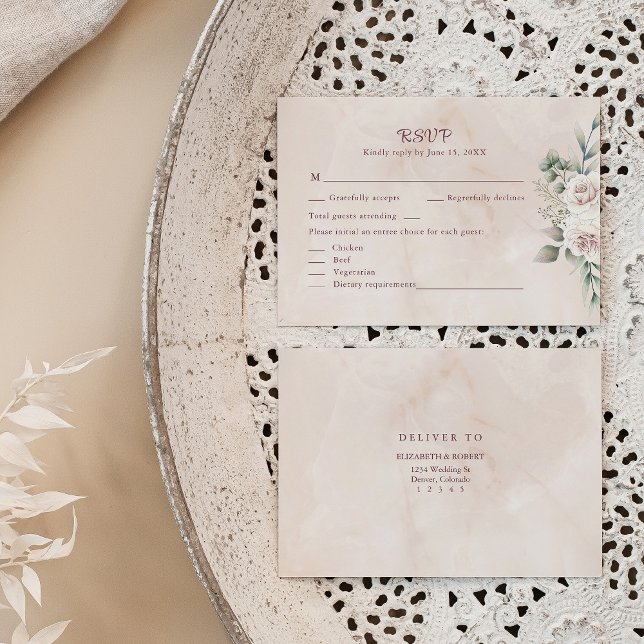 Boho Blush Pink Floral Wedding RSVP Card (Boho Blush Pink Floral Wedding RSVP Card on a neutral boho wedding table.)
