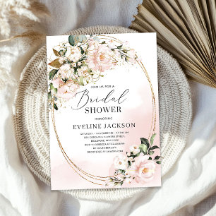 Boho Blush Pink Flowers Roses faux gold oval green Invitation