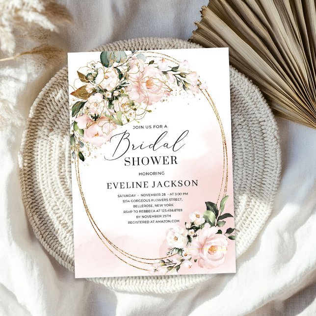 Boho Blush Pink Flowers Roses faux gold oval green Invitation (Boho Blush Pink Flowers Roses faux gold oval green Invitation)