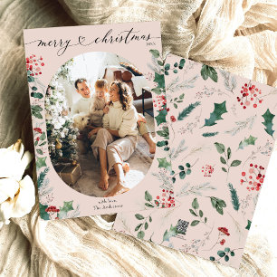 Boho Blush Pink Foliage Photo Christmas Holiday Card