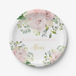 Boho Blush Pink Gold Floral Bridal or Baby Shower Paper Plate