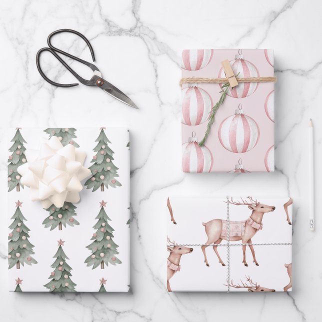 Boho Blush Pink Green Christmas Tree Reindeer Wrapping Paper Sheet (Front)