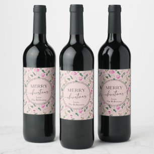 Boho Blush Pink Greenery Christmas  Wine Label