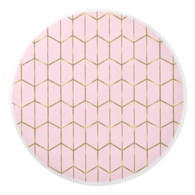 Boho Blush Pink Hexagon Gold & Geometric Glam Ceramic Knob (Front)