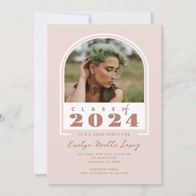 Boho Blush Pink Modern Arch Photo Graduation Party Invitation (Front)