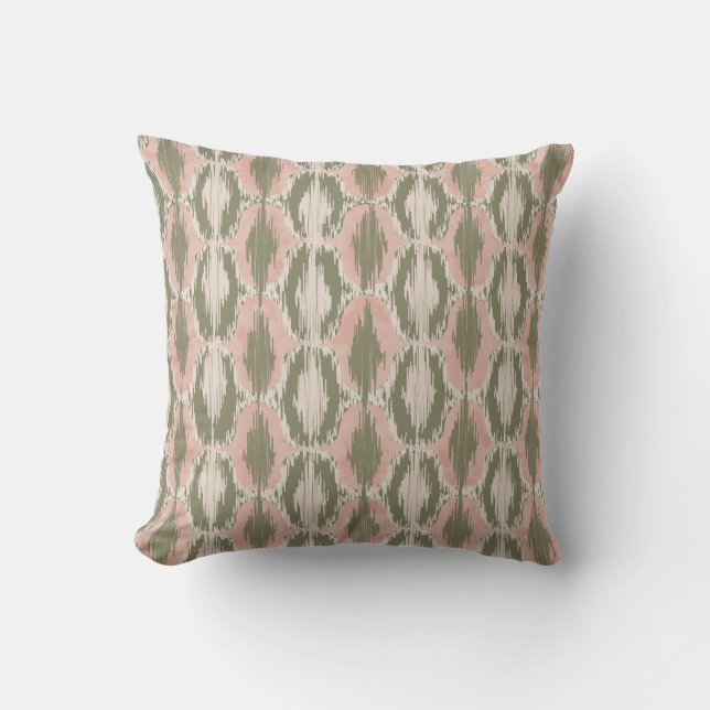 Boho Blush Pink Olive Ikat Throw Pillow (Front)