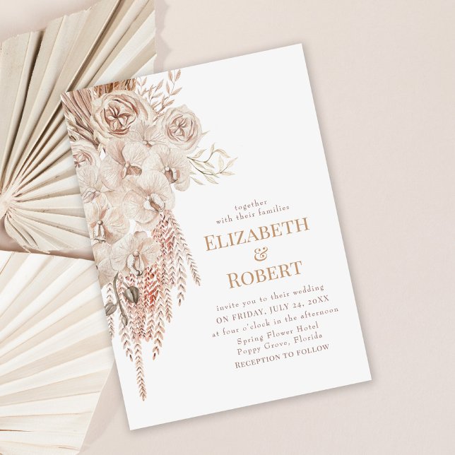 Boho Blush Pink Orchid Peonies Wedding Invitation (Boho orchid wedding invitation on dusty rose palm leaves background)