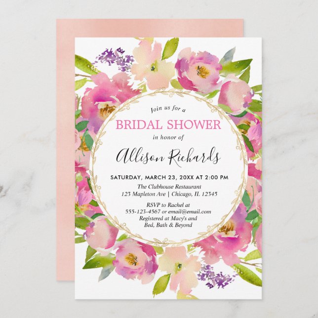 Boho blush pink pastel bridal shower invitation (Front/Back)