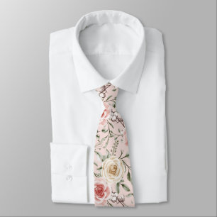 Boho Blush Pink Peach Cream Floral Botanical Tie