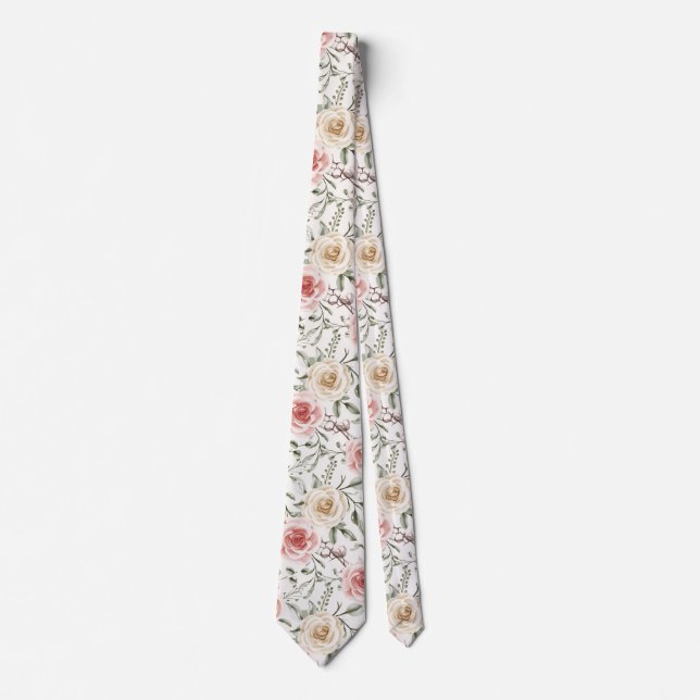 Boho  Blush Pink Peach Cream Floral Botanical  Tie (Front)