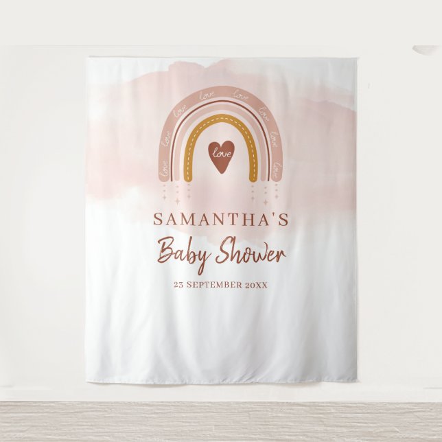 Boho Blush Pink Rainbow Baby Shower Party Backdrop Tapestry (Front)
