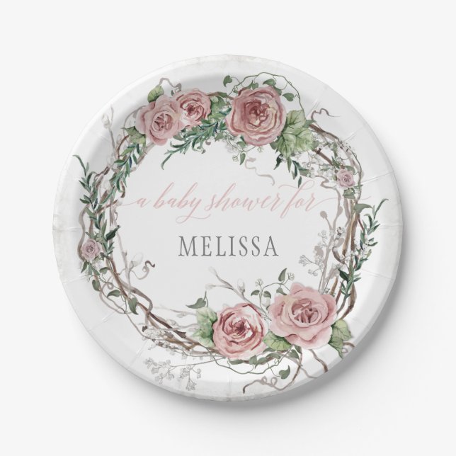 BOHO Blush Pink Rose Floral Baby Girl Shower Paper Plate (Front)