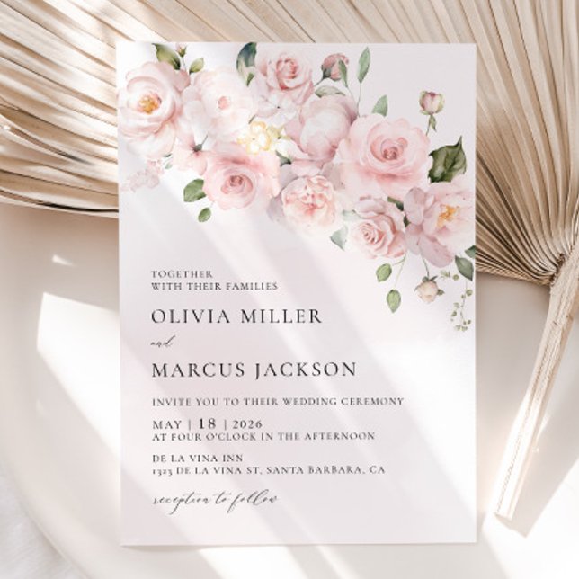 Boho Blush Pink Rose Floral Wedding Invitation (Wedding Invitation Front)