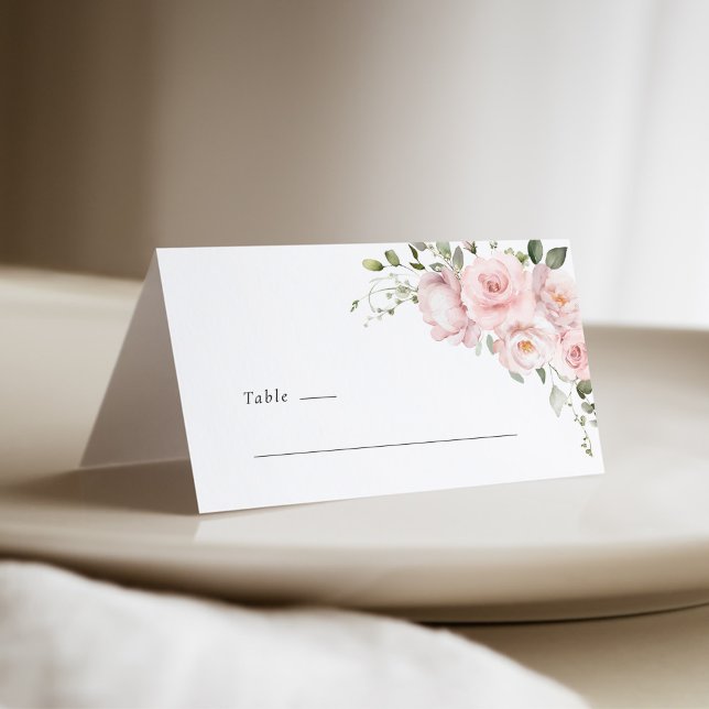 Boho Blush Pink Rose Floral Wedding Place Card (Blush pink rose floral tent wedding place card with soft watercolor flowers and minimalist layout)