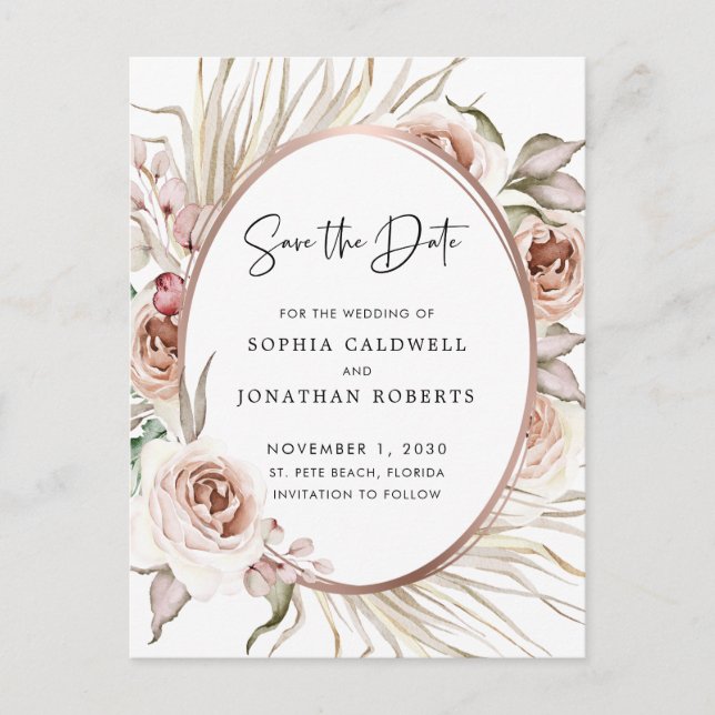 Boho Blush Pink Roses Dried Palm Save the Date Announcement Postcard (Front)