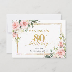Boho blush pink roses gold glitter 80th Birthday Thank You Card