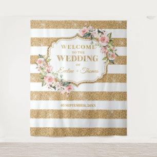 Boho Blush pink roses gold glitter stripes Wedding Tapestry