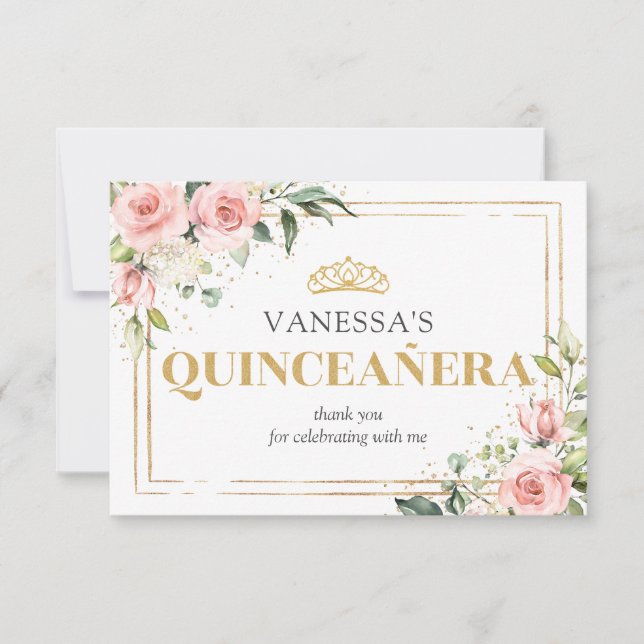 Boho blush pink roses gold tiara 15th Birthday Thank You Card (Front)