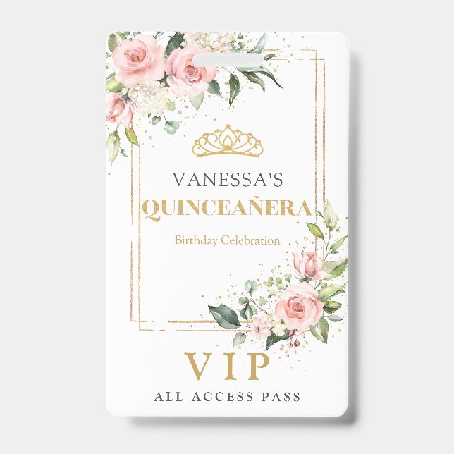 Boho blush pink roses gold tiara sage Quinceanera ID Badge (Front)
