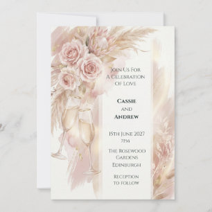 Boho Blush Pink Roses Pampas Grass Wedding Invitation