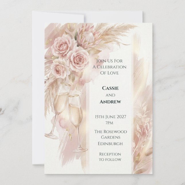 Boho Blush Pink Roses Pampas Grass Wedding Invitation (Front)