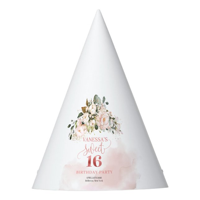 Boho blush pink roses rose gold green sweet 16th party hat (Front)