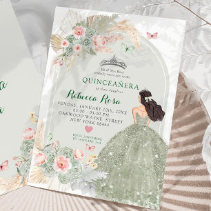 Boho Blush Pink Sage Green Princesa Quinceañera Invitation