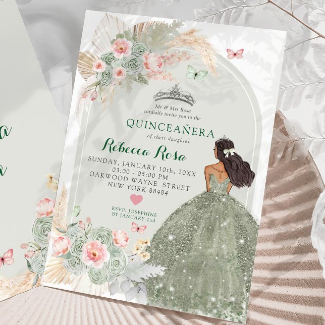 Boho Blush Pink Sage Green Princesa Quinceañera Invitation (Creator Uploaded)