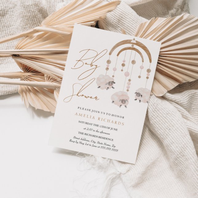 Boho Blush Pink Sheep Mobile Baby Shower  Invitation (Creator Uploaded)