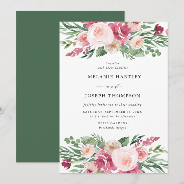 Boho Blush & Pink Spring Watercolor Floral Wedding Invitation (Front/Back)