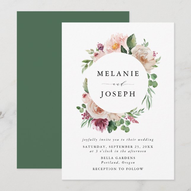 Boho Blush & Pink Spring Watercolor Floral Wedding Invitation (Front/Back)